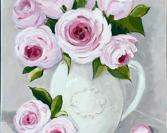 Original Painting, Still Life with Pink Roses on Canvas , 16 x 20”, floral