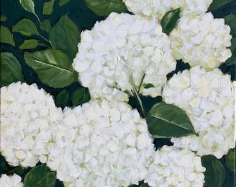 White Hydrangea Garden Painting: Original Floral Art on Canvas