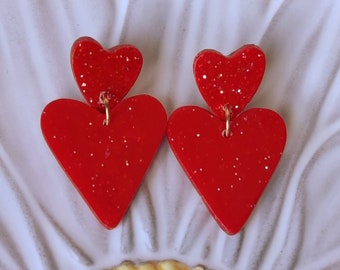 Clay earrings, Polymer clay earrings, Earrings women, Heart earrings, Red earrings, Christmas gift, Gift for her, Gifts for women