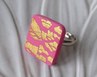 Rings for women,Clay ring, Polymer clay ring, Golden ring, Pink ring, Square ring, Flat ring, Christmas gift, Gift for her, Gifts for women