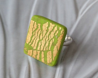 Anillos mujer, Anillo arcilla polimérica, Anillo dorado, Anillo verde, Anillo rectangular, Amigo invisible, Regalo para mujer, Clay ring