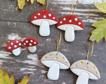 Brincos de cogumelo de argila de polímero feitos à mão | Brincos Boho | Brincos de outono exclusivos
