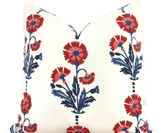 Dianthus hand block pint Molly Mahon Decorative Pillow Cover 18x18, 20x20, 22x22, Eurosham or lumbar iron indigo Schumacher, red blue tulip