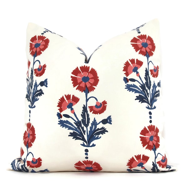 Dianthus hand block pint Molly Mahon Decorative Pillow Cover 18x18, 20x20, 22x22, Eurosham or lumbar iron indigo Schumacher, red blue tulip