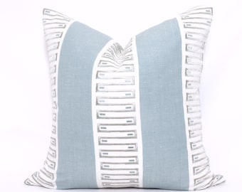 Thibaut Spa Blue Raritan Line Embroidery Pillow Cover, Chambray Blue and White Stripe