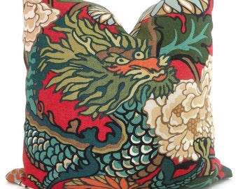 Schumacher Chiang Mai Dragon Pillow Cover: Lacquer Red Linen Accent Cushion