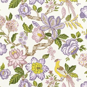 May include: A white background with a floral pattern featuring purple, pink, and yellow flowers, green leaves, and brown branches. Two yellow birds with pink and white feathers are perched on the branches.