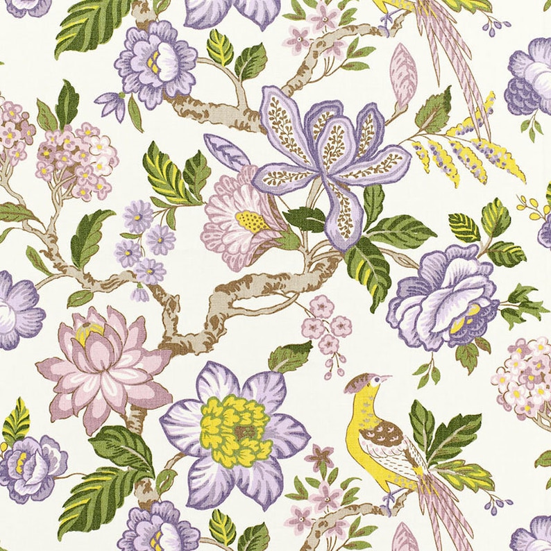 May include: A white background with a floral pattern featuring purple, pink, and yellow flowers, green leaves, and brown branches. Two yellow birds with pink and white feathers are perched on the branches.