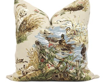 Schumacher Dog and Duck Linen Pillow Cover: Hunting Scene Throw Pillow