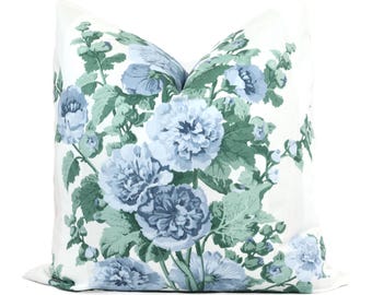 Blue and green Hollyhock pillow cover
