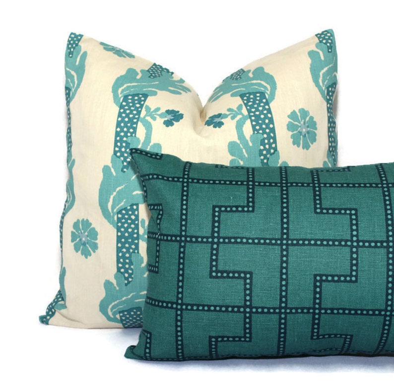 Square or Lumbar pillow Turquoise trellis Schumacher Throw Accent Pillow Celerie Kemble Bleecker Peacock Blue Decorative Pillow Cover