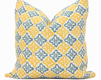 Blue and Turmeric Pattee wood block Molly Mahon Decorative Pillow Cover 18x18, 20x20, 22x22, Eurosham or lumbar wood block print Schumacher