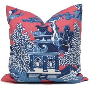 Funda de almohada Lee Jofa Willow, cuadrada con estampado chinoiserie rosa y azul, hecha a medida, decorativa, estilo pagoda.