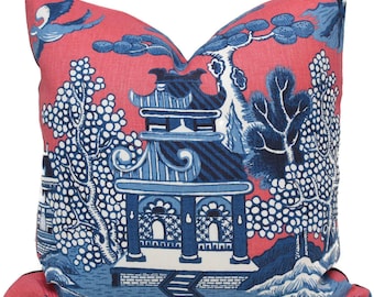 Lee Jofa Willow Kissenbezug: Pink Blaue Chinoiserie Pagode Dekokissen