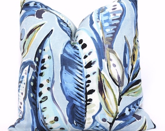 Blue Birds of Paradise Pillow Cover: Tropical Floral Accent Pillow Indoor Outdoor Fabric
