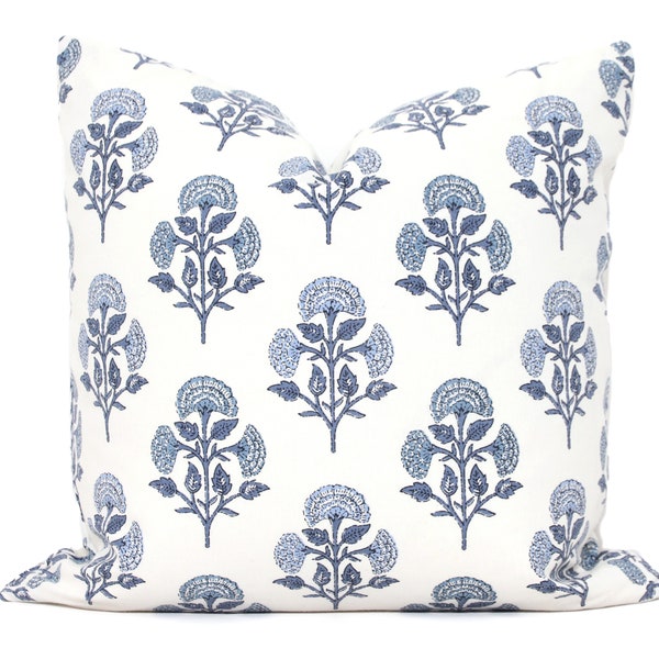 Light Blue Carnation Block Print Decorative Pillow Cover, Throw Pillow, Accent Pillow, Pillow Sham 18x18 20x20 22x22 24x24 lumbar pillow