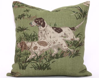 Schumacher Green Linen Pillow Cover: Hunting Pointer Dogs
