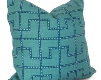 Celerie Kemble Bleecker Peacock Blue Decorative Pillow Cover, Square or Lumbar pillow - Accent Pillow, Throw, Schumacher, Turquoise trellis