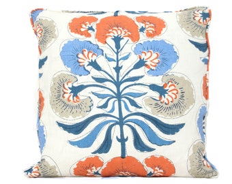 French Blue and Coral Tybee Tree Decorative Pillow Cover  18x18, 20x20, 22x22, Eurosham or lumbar Thibaut cushion cover, toss accent pillow