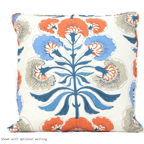 Housse de coussin en lin floral : tybee thibuat bleu français, corail et beige