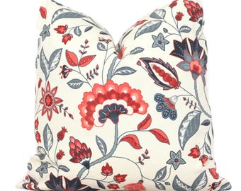 Indian Garden Pillow Cover: Red, Blue, & Gray Floral Throw Pillow