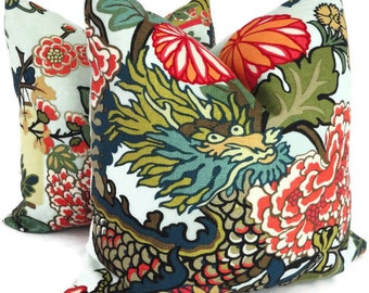Schumacher Chiang Mai Dragon Pillow Covers: Aquamarine Linen Accent Pillows (Set of 2)