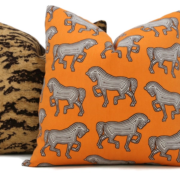 Horse pillow, Schumacher Orange Faubourg Decorative Pillow Cover  18x18, 20x20, 22x22, Eurosham or lumbar, Equestrian decor, Hermes orange