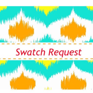 May include: A digital illustration of a colourful abstract pattern with yellow, turquoise, and orange colours. The text "Swatch Request" is in the centre of the image.