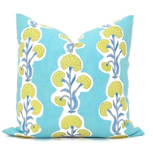 Calendula Block Print Decorative Pillow Cover 20x20 Molly Mahon, Turquoise Yellow throw pillow cushion Ready to ship rts