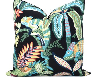 Iguana Tropical Pillow Cover: Thibaut Iggy Black Outdoor Fabric