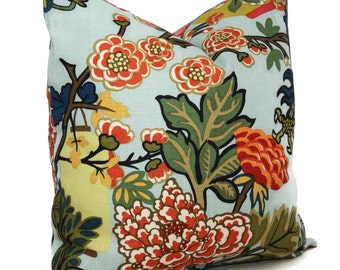 Chiang Mai Dragon Pillow Cover: Aqua Schumacher Linen, Floral Accent