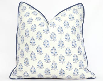 Schumacher Aditi Blue Floral Pillow Cover: Hand Block Print Linen