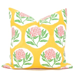 Peony Block Print Decorative Pillow Cover  18x18, 20x20, 22x22, Eurosham or lumbar, Molly Mahon, Pink Yellow throw pillow cushion eor
