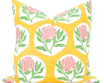 Peony Block Print Decorative Pillow Cover  18x18, 20x20, 22x22, Eurosham or lumbar, Molly Mahon, Pink Yellow throw pillow cushion