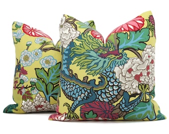 Schumacher Chiang Mai Dragon Pillow Covers: Yellow Linen, 20x20 Pair
