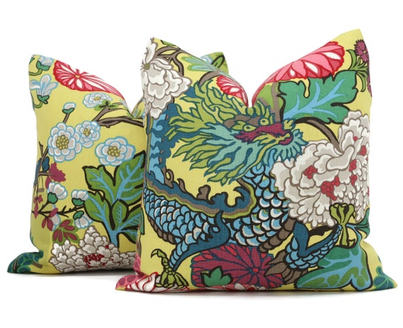 Schumacher Chiang Mai Dragon Pillow Covers: Yellow Linen, 20x20 Pair