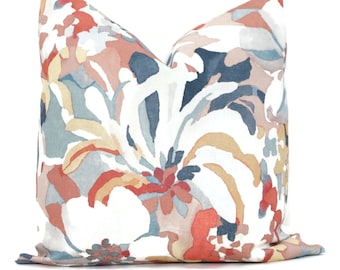 Floral Linen Pillow Cover: Hot house Red, Aqua, Blue Jane Churchill Print Colefax Fowler rmt