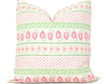 Pink and Green Floral Stripe Pillow Cover: Cotton Linen Blend