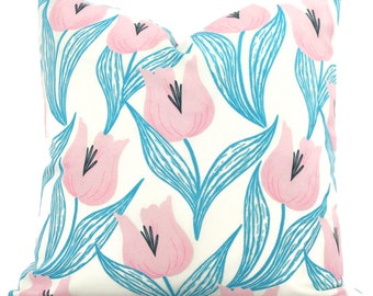 Pink Turquoise Swaying Tulips Decorative Pillow Cover, Throw Pillow, Accent Pillow, Pillow Sham. tulip cushion cover