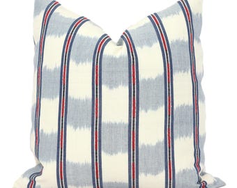 Schumacher Chambray Blue and Red Faye Ikat Decorative Pillow Cover, Made to order, blue and red throw, toss pillow cover