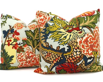 Pair of Aqua Chiang Mai Dragon Pillow Covers: Schumacher Outdoor Accent Pillows