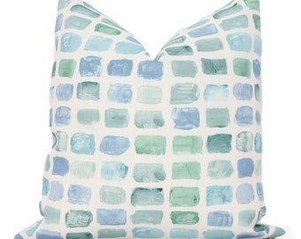 Schumacher Palette in Seaglass Outdoor Pillow Cover 18x18, 20x20, 22x22, 24x24, 26x26 and lumbar pillow cover, Mary McDonald, Aqua Green