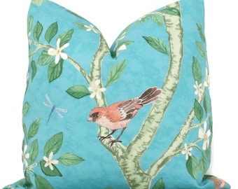 Turquoise Cherry Tree Pillow Cover: Asian Inspired Cotton Sateen