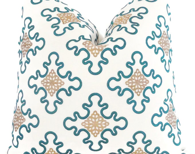 Embroidered Teal and Gold Pillow Cover Square or Lumbar Etsy
