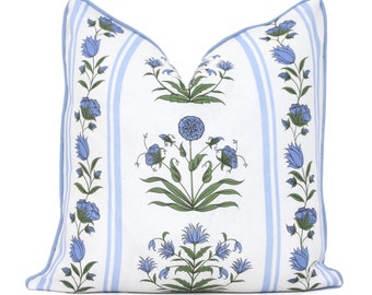 Blue Floral Stripe Pillow Cover: Schumacher Royal Poppy Linen Decorative Pillow