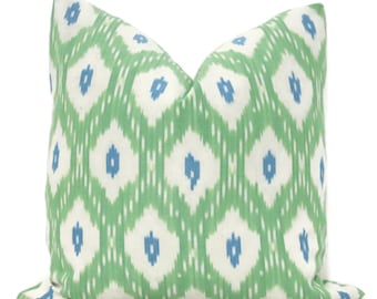 Schumacher Indio Ikat in Green Decorative Pillow Cover, Made to order, green and blue throw, toss pillow cover