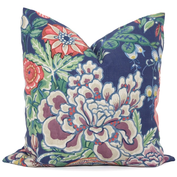 Navy Blue Peony Garden Pillow Decorative Pillow Cover 18x18, 20x20, 22x22, Eurosham, lumbar Thibaut cushion cover, toss pillow accent pillow