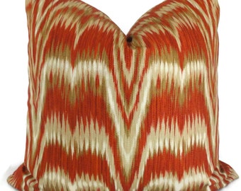 Schumacher Cinnabar Kamalia Ikat Pillow Cover: Red Orange Tan Accent Pillow