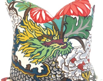 Schumacher Chiang Mai Dragon Pillow Covers: Art Deco Linen Accent Pillows (Set of 2)