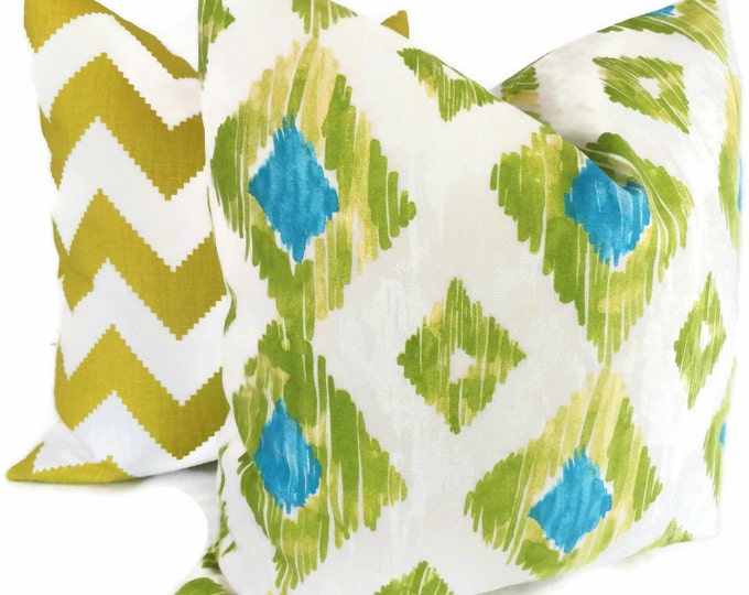 Aqua and Lime Green Ikat Decorative Pillow Cover 18x18 20x20 Etsy